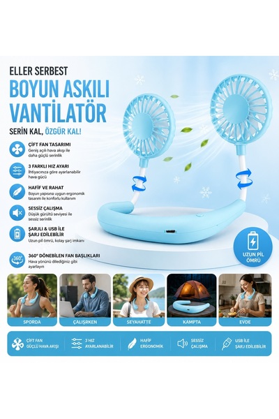 Tastech F3 Boyun Askılı Vantilatör Serinletici Fan Çift Fan Tasarımlı Boyunlu...
