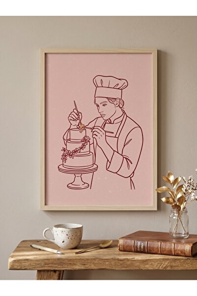 DEKORASOR Pastacı Kadın İllüstrasyonlu Pembe Line Art Ahşap Çerçeveli Tablo -...