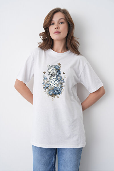 TREND EMMODA Tricou casual alb cu gât rotund, cu imprimeu leopard și detalii ...