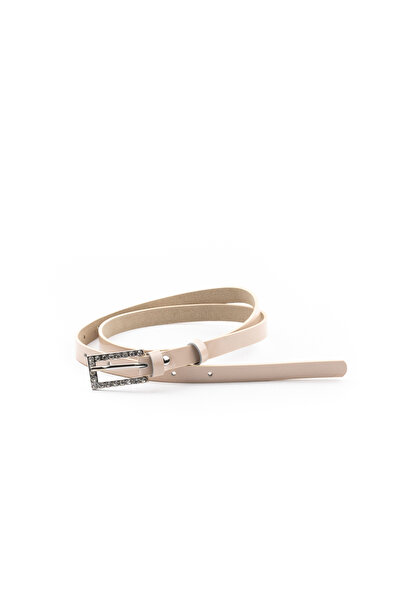 UrbanShoes Curea dama din piele naturala lacuita - Nude lac cu pietricele