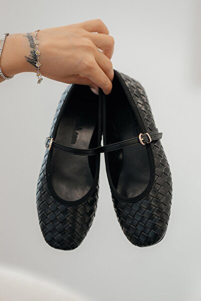 Parponi Efect Top Belted Braided Leather Ballerinas Black