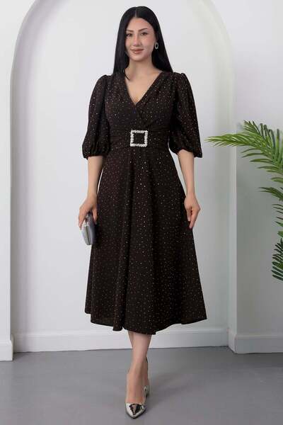 PULLIMM Double-Breasted Long Sleeve Dress with Collar Stone Buckle Dks1368