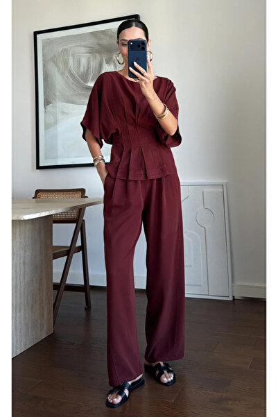 My Blog Burgundy Short Batwing Sleeve Waist Detailed Loose Double Set - 0008