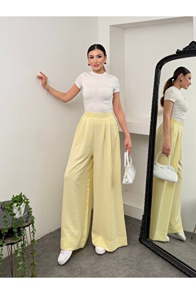Hatun Atila Pleated Wide-Leg Linen Palazzo Trousers with Elastic Waist at the...