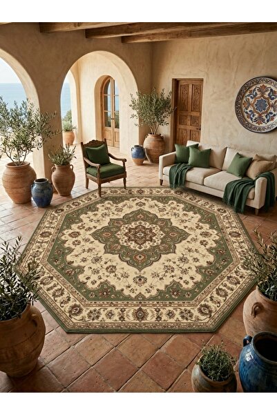 SDT Anatolian Motif Vintage Octagonal Classic Medallion Pattern Green Cream Base Decorative Rug sdt1357