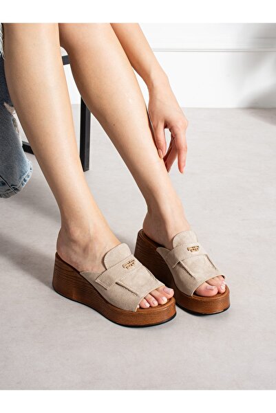 ALEMDAR AYAKKABI Lunaris Cream Wedge Heel Women's Slippers