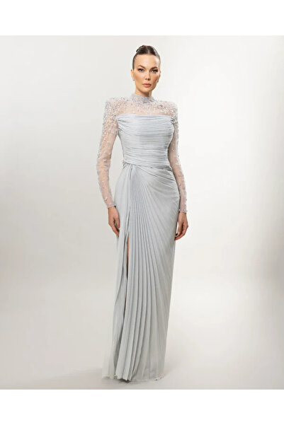 Kenzel Plus Size Long Sleeve Stone Embellished Draped Slit Evening Dress