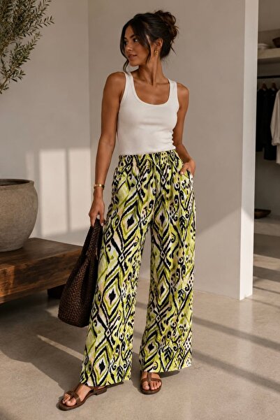 bb butik basic Patterned Wide-Leg Viscose Trousers Casual Stylish Women's Tro...