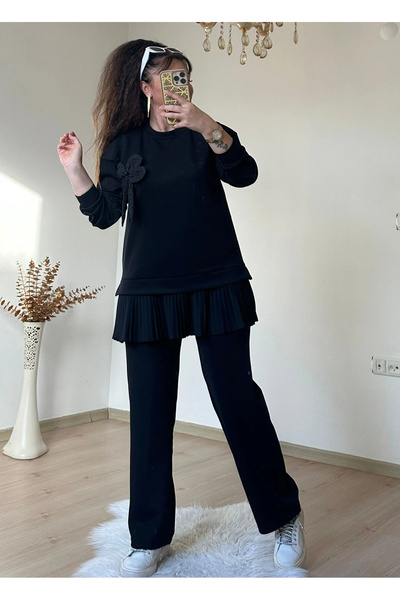AZRA BUTİK Pleated Skirt Floral Suit Black