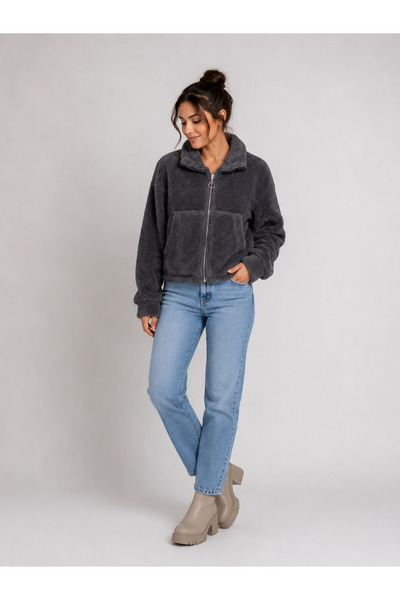 Trendline Women's Short Fluffy Zippered Plush Jacket Coat