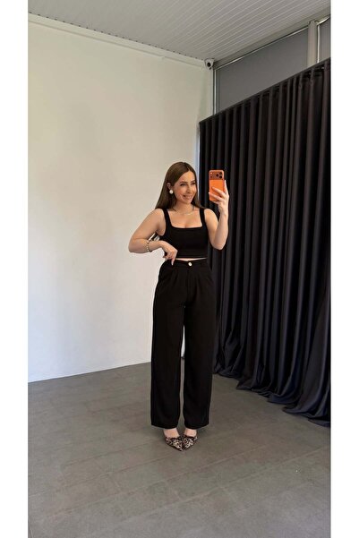 elif teke Palazzo Gold Buttoned Trousers Black