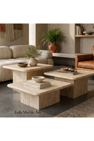 ESİLA MARBLE Modern Traverten Orta Sehpa Seti 3’lü Doğal Taş Minimal Salon Se...
