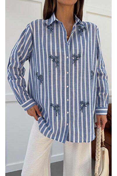 MİA NOURA Women's Striped Fabric Shirt with Hand-Applied Front Decoration