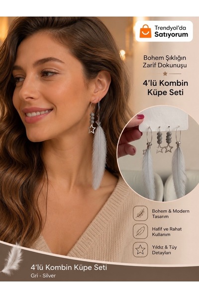 ELUNE İSTANBUL مجموعة أقراط ميلانو بوهيمية مكونة من 4 قطع بتفاصيل نجمة من الر...