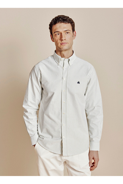 BROOKS BROTHERS Beyaz Erkek Düğmelmi Regular Fit Çizgili Gömlek BBSS26MSH021