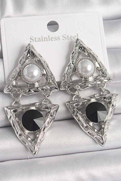 ETC Brass Silver Color Dangle Triangle Model Pearl Detail Women's Earrings 58...