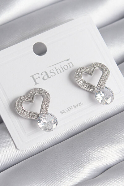 ETC Brass Silver Color Zircon Stone Heart Model Drop Zircon Stone Detail Wome...