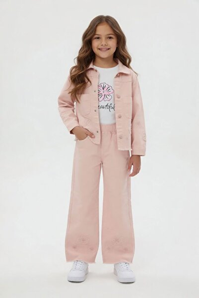 Cansın Mini Jakna sa izvezenim cvetovima od lososa i široke pantalone, set od...