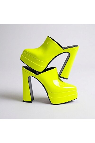 Tarz Topuklar Sortil Neon Yellow Double Platform Design Closed Toe Women's Sl...