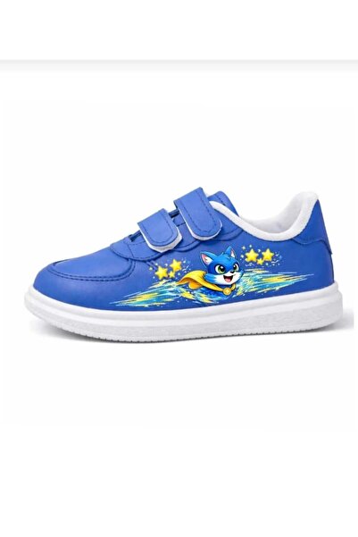 alcdesing mavi uçan kedi baskılı lacivert bantlı çocuk spor ayakkabı sneaker