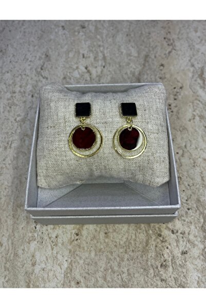 Çelik Gold Detaylı Bordo Halka Küpe