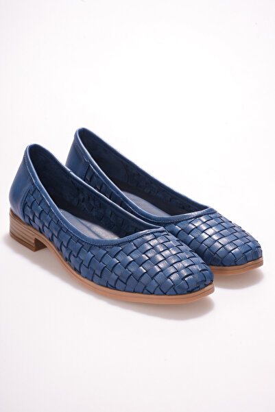 ANALİN SHOES Women's Genuine Leather Knitted Detailed Ballerinas - Denim Blue