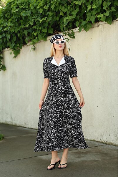 Siyezen Watermelon Sleeve Polka Dot Patterned Black Dress