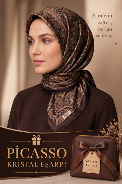Picasso Silk-Look Brown Crystal Scarf – Twill Stylish Design 90X90