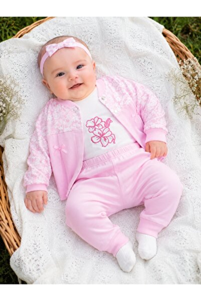 Pure Boutique Compleu bebe fete 3 piese roz cu body floral si pantaloni din b...