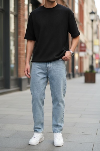 oraystore Men's Light Blue Boyfriend Jean Pants Comfortable Fit Streetwear De...
