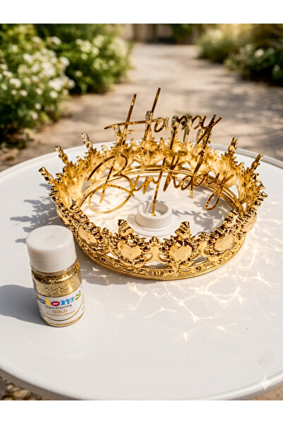GOLDCENTER Gold Pasta Tacı seti , Happy birthday gold pleksi ,Yenilebilir gol...
