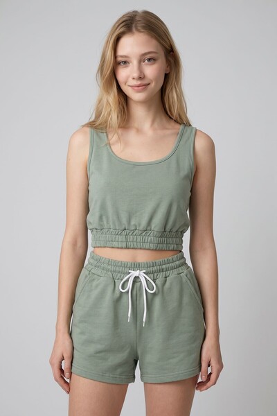 bacc Green Two-Thread Crop Athlete Shorts Set