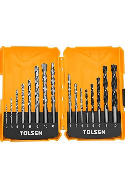 TOLSEN طقم مثاقب 16 قطعة متعدد الأغراض ومتين مع حافظة تخزين منظمة للخشب والمع...