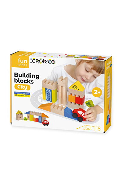 Igroteco Set de cuburi de construcție din lemn - Oraș, 18 piese