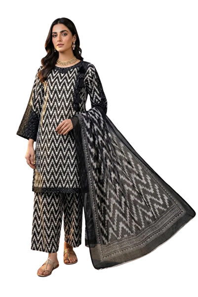MYSMAR Black & White Chevron Printed Lawn 3-Piece Suit - AKF2013