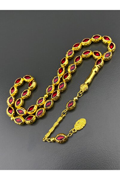 Tesbih Store Red Enameled Heavy Gold Simulated Metal Prayer Beads Gift for Men