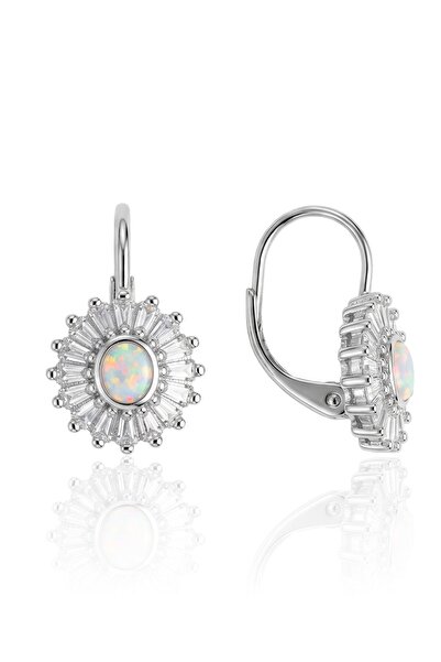 Söğütlü Silver 925 Ayar Gümüş Küpe Oval Opal Taşlı Zirkon Baget Çerçeveli Gün...