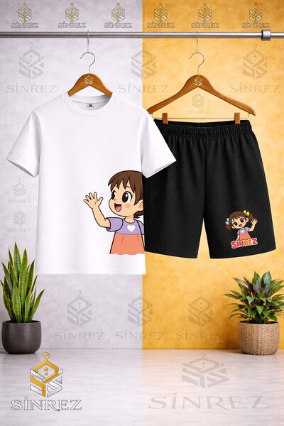 SİNREZ Crew Neck Kids' Girls' Left Side Printed T-Shirt - Shorts Set