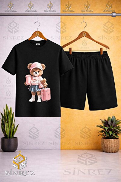 SİNREZ Crew Neck Girl with Bear and Suitcase Printed T-Shirt - Shorts Set