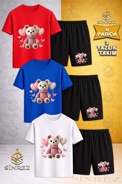 SİNREZ 3-Piece Children's Special Printed Crew Neck T-Shirt with Bear and Pin...