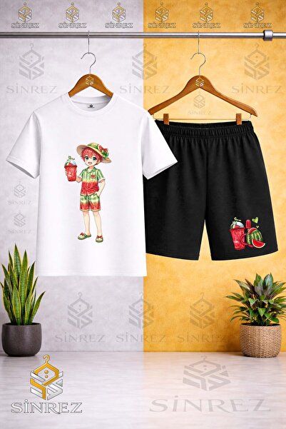 SİNREZ Crew Neck Kids' Men's Watermelon Combination Printed T-Shirt - Shorts Set