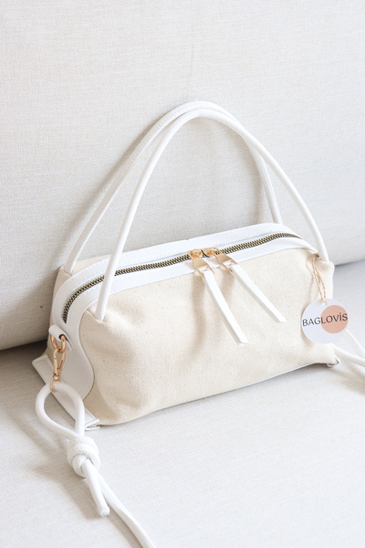 BAGLOVİS Women's Canvas Handbag Linen Fabric Leather Detailed Stylish Daily S...
