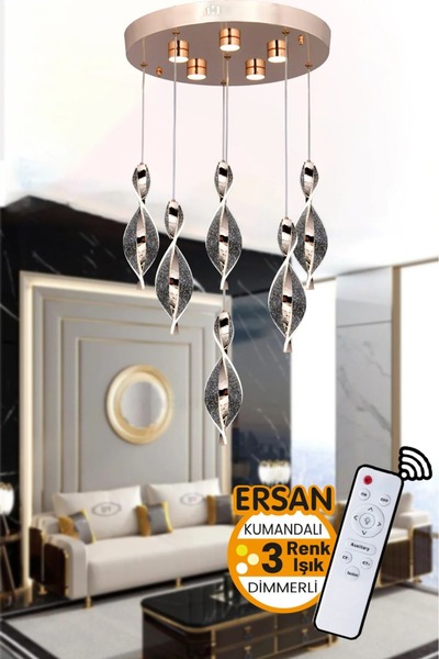 Ersan Avize Luna 6'li Gold Kumandalı 3 Renk Işık Özellikli Dimmerli Modern Sa...