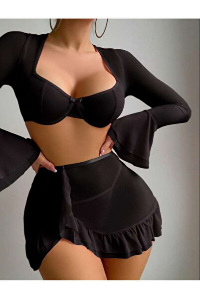 Bleu Petite Set sutien cu fustă transparentă cu mânecă lungă și detalii
