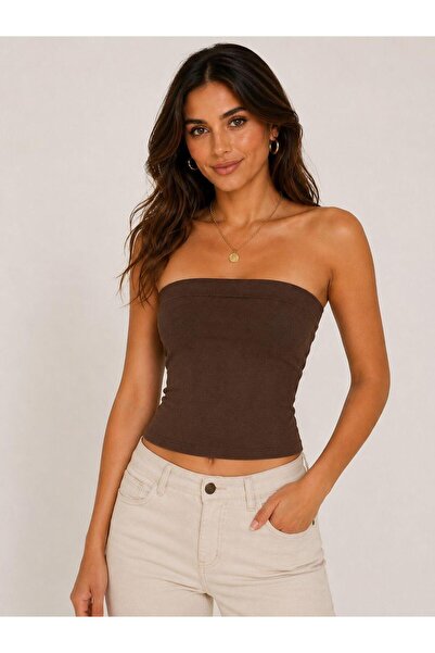 MORINNTI Kahverengi Straplez Basic Crop Top