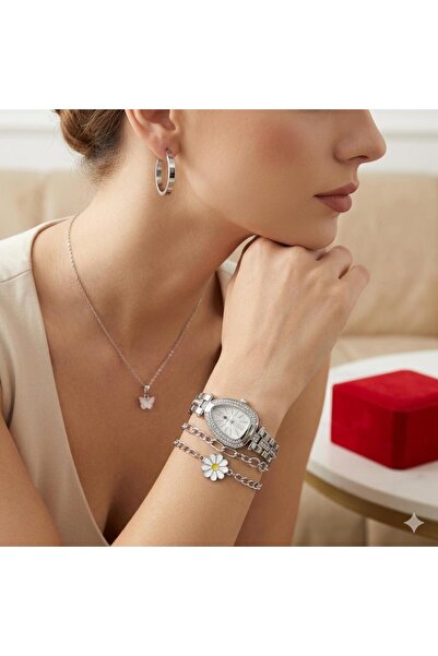 Mise Aksesuar Ellipse Stone Silver Color Wrist Watch Necklace Bracelet Earrin...