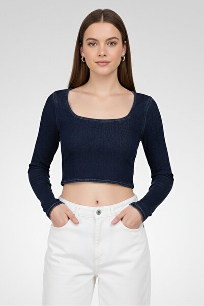 Don't Call Me Jennyfer Women Scoop Neck Long Sleeve Washed Crop Top, Blue