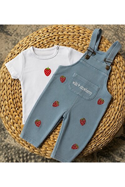 bebekstra Kız Bebek Çilekli Kısa Kollu Tshirt Salopet Takım