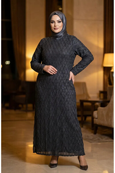 sefamerve Plus Size Sequined Hijab Evening Dress 6262-05 Smoked