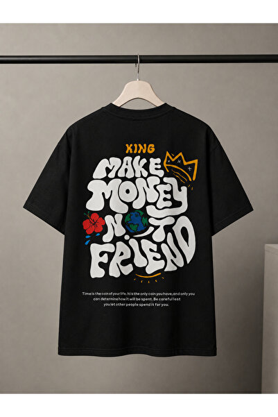 Oversize Siyah Baskılı Unisex Tshirt– Make Money Not Friend